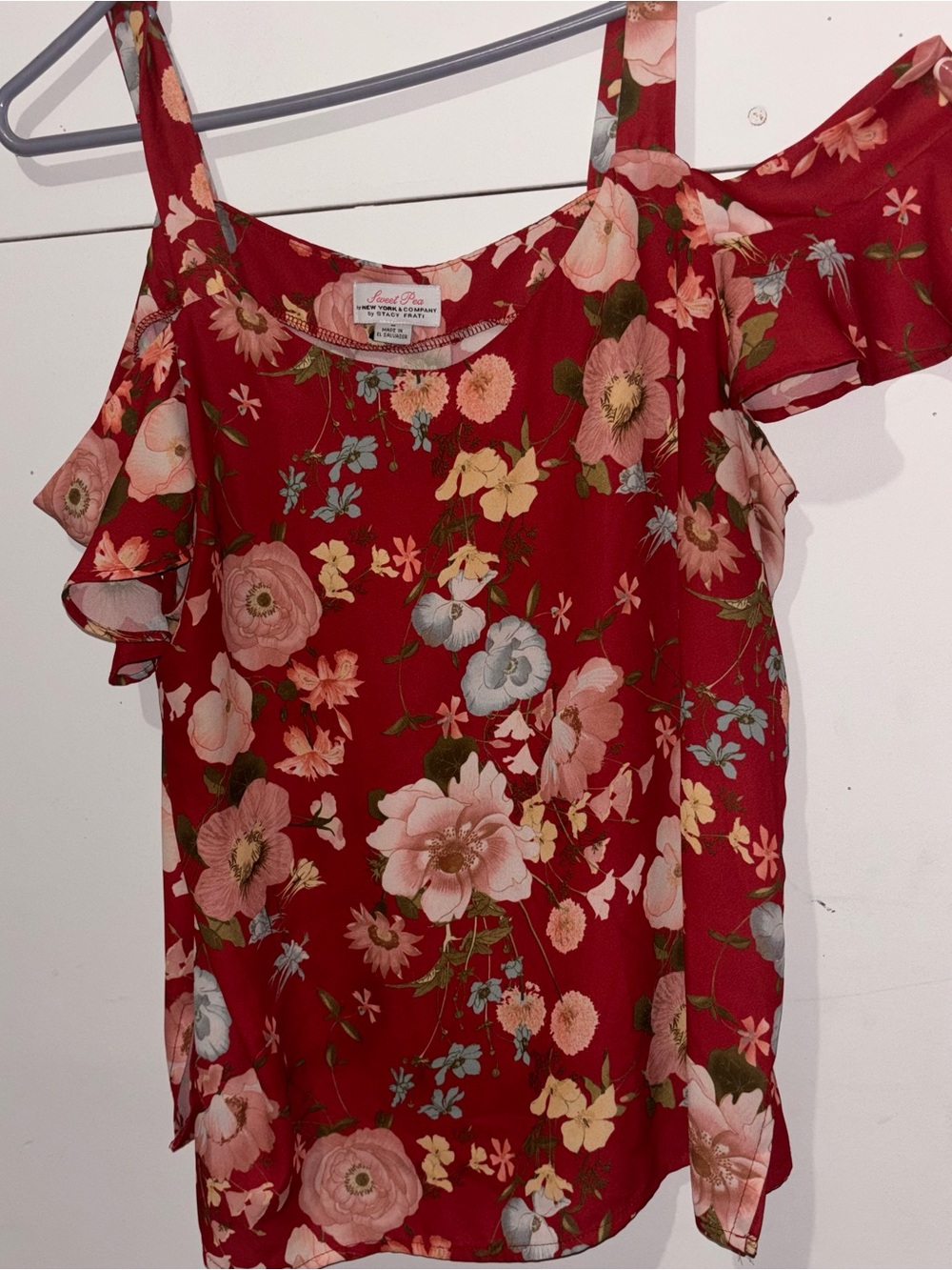 Sweet Pea Red Floral Cold-Shoulder Blouse